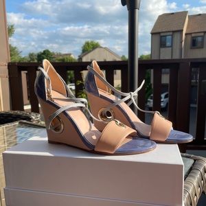 Stuart Weitzman light blue and pink gunhole platforms